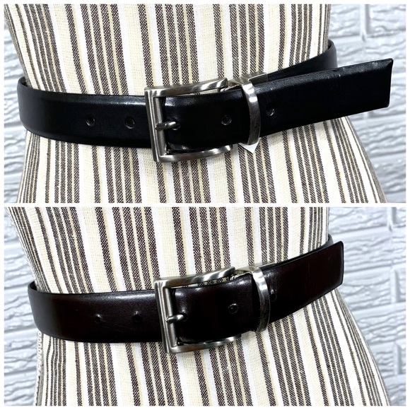 Accessories - Reversible Black Brown Leather Belt Silver Buckle
